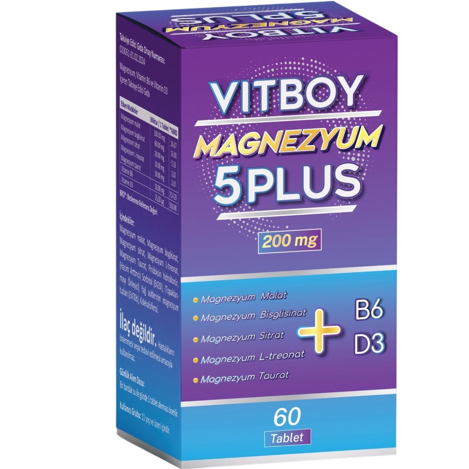 Vitboy Magnezyum 5 Plus 60 Tablet 200mg Malat-Bisglisinat-Sitrat-L-Treonat-Taurat-B6-D3