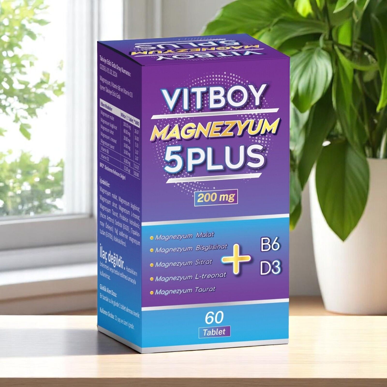 Vitboy Magnezyum 5 Plus | 200 mg Elemental Magnezyum + B6 & D3 İçeren 60 Tablet
